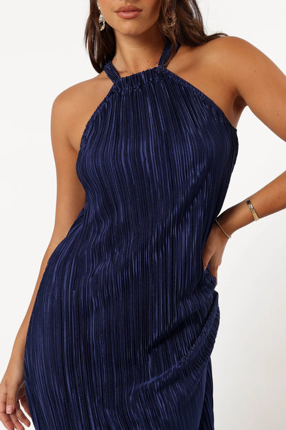 Melody Plisse Halter Maxi Dress Navy