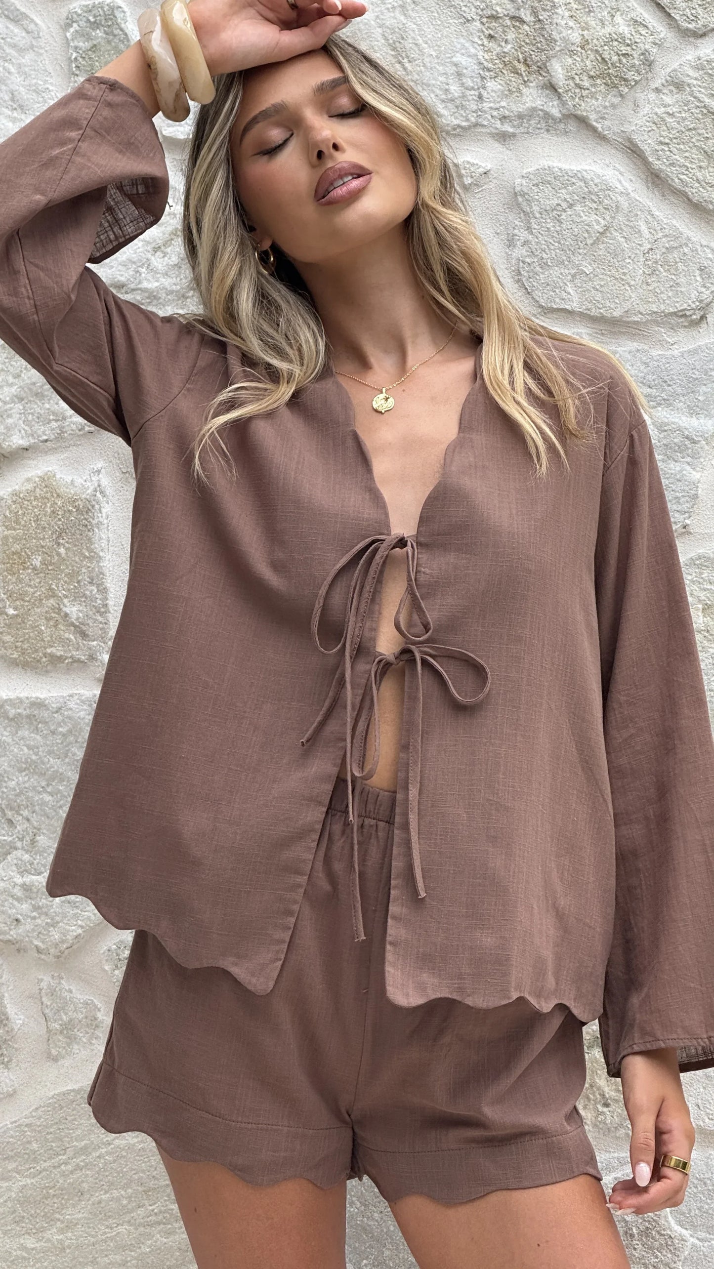 Leelo Tie Front Top and Shorts Set Chocolate
