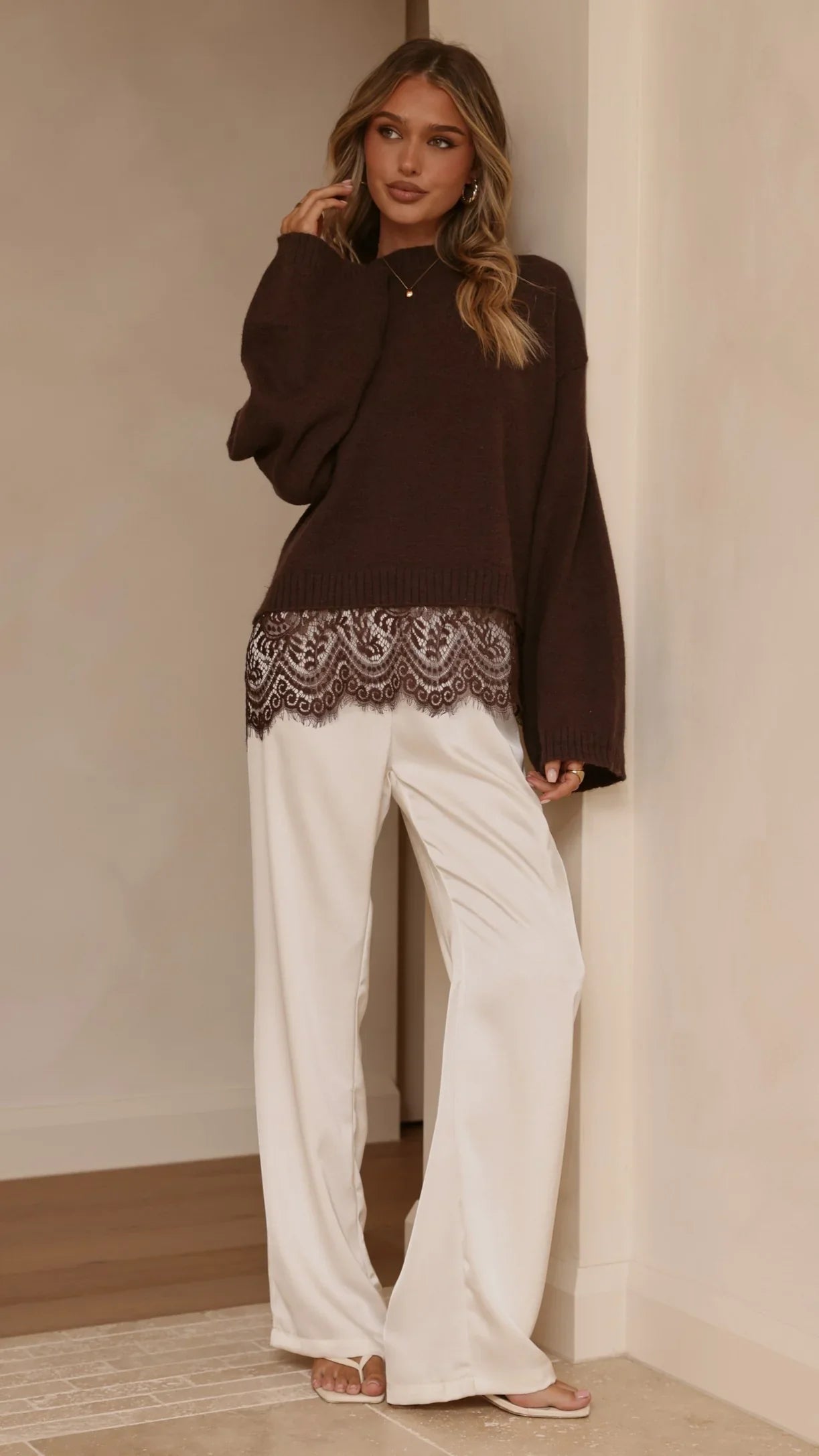 Kylan Lace Trim Sweater Brown
