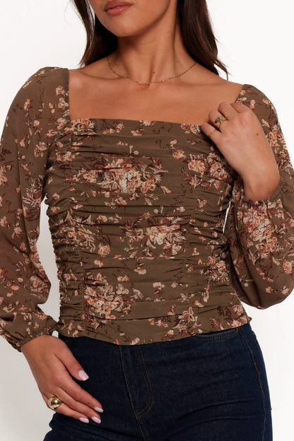 Maia Long Sleeve Top Olive Floral