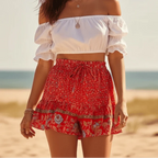 Scarlet Blossom Boho Floral Drawstring Shorts