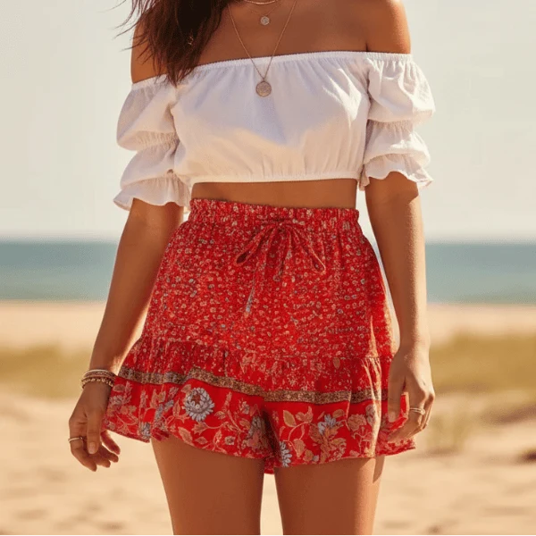 Scarlet Blossom Boho Floral Drawstring Shorts