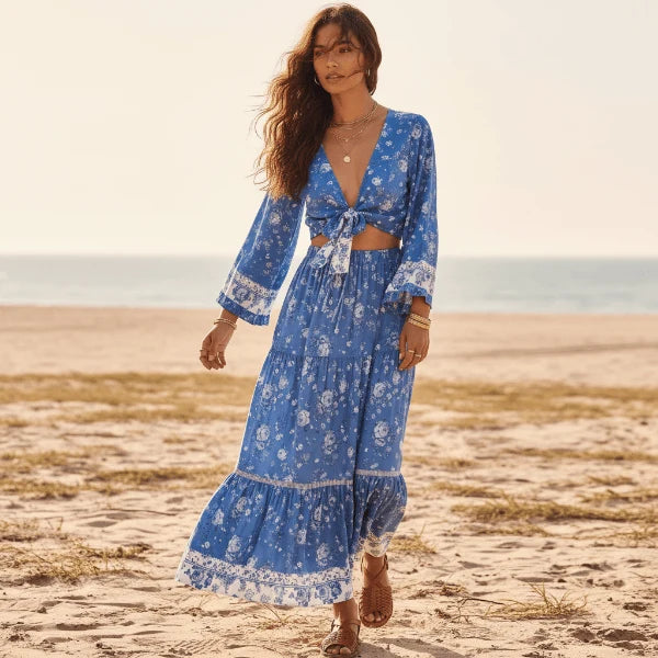 Blue Floral Crop Top Maxi Skirt Set