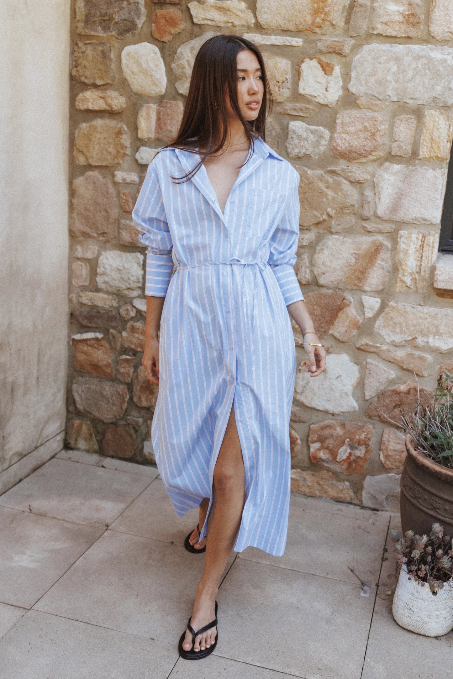 Harlan Long Sleeve Midi Dress Blue Pink Stripe