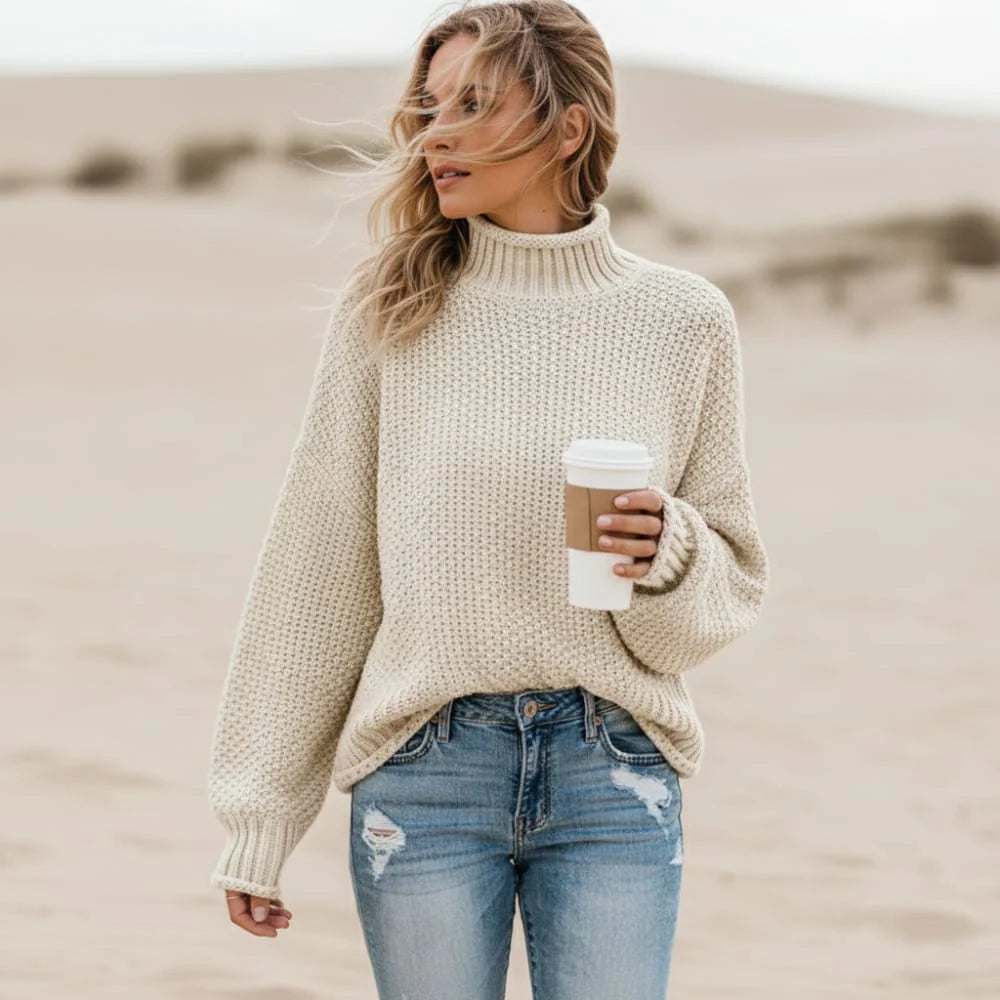 Boho Mock Neck Loose Knit Pullover Sweater