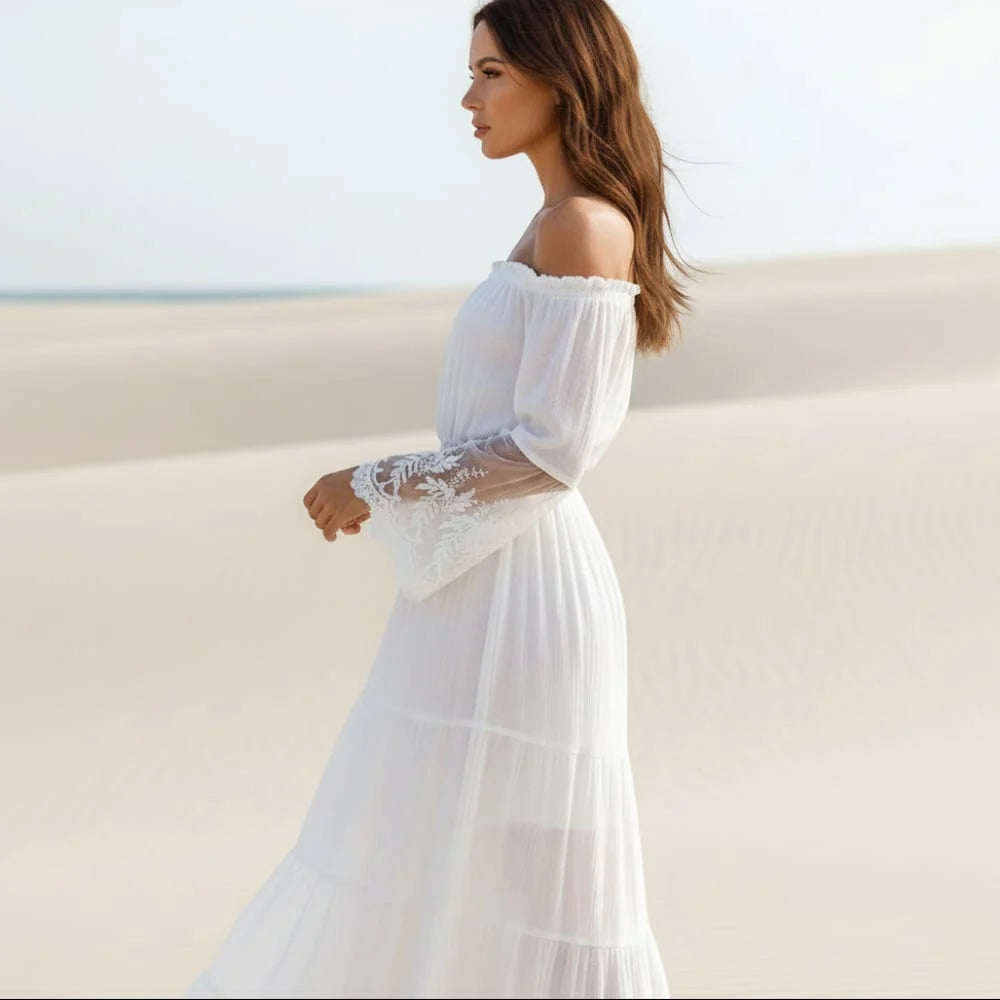 Off Shoulder Lace Maxi Dress with Long Sleeves
