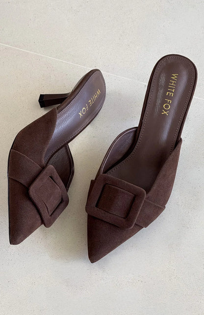 Domino Heels Chocolate Faux Suede