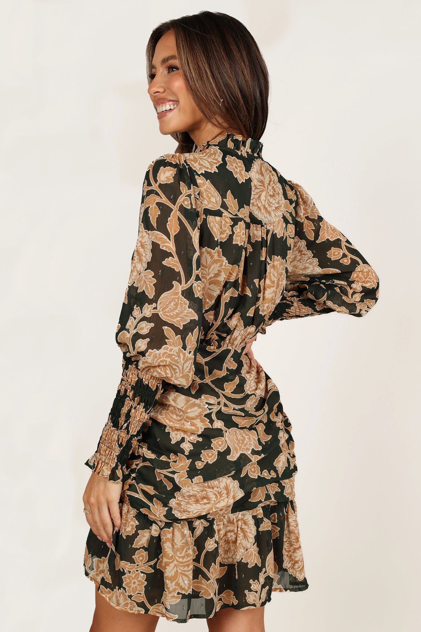Micha Ruched High Neck Mini Dress Pine Gold