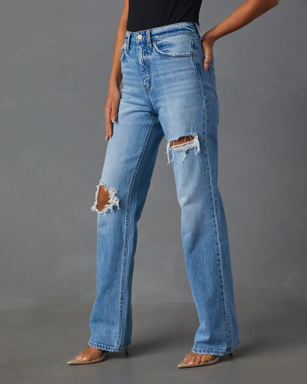 Sequoia Stretch High Rise Straight Leg Distressed Jeans