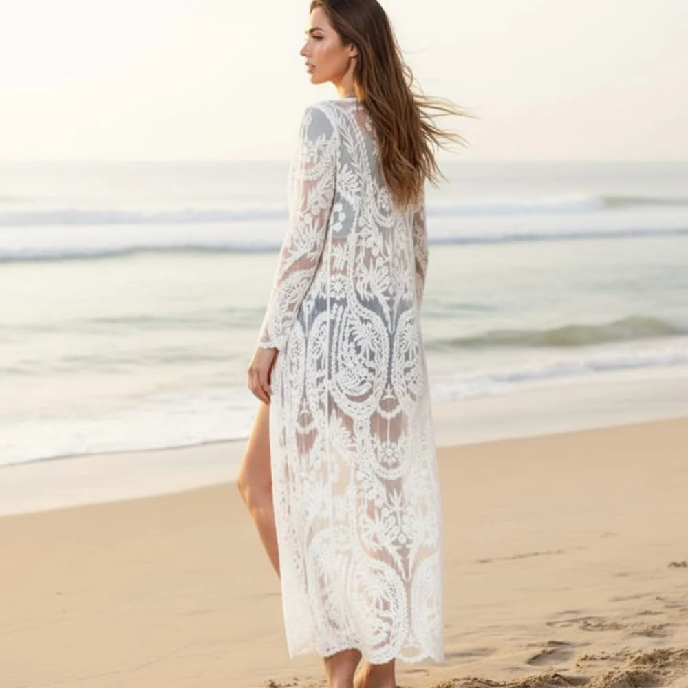 White Lace Beach Long Kimono Cardigan