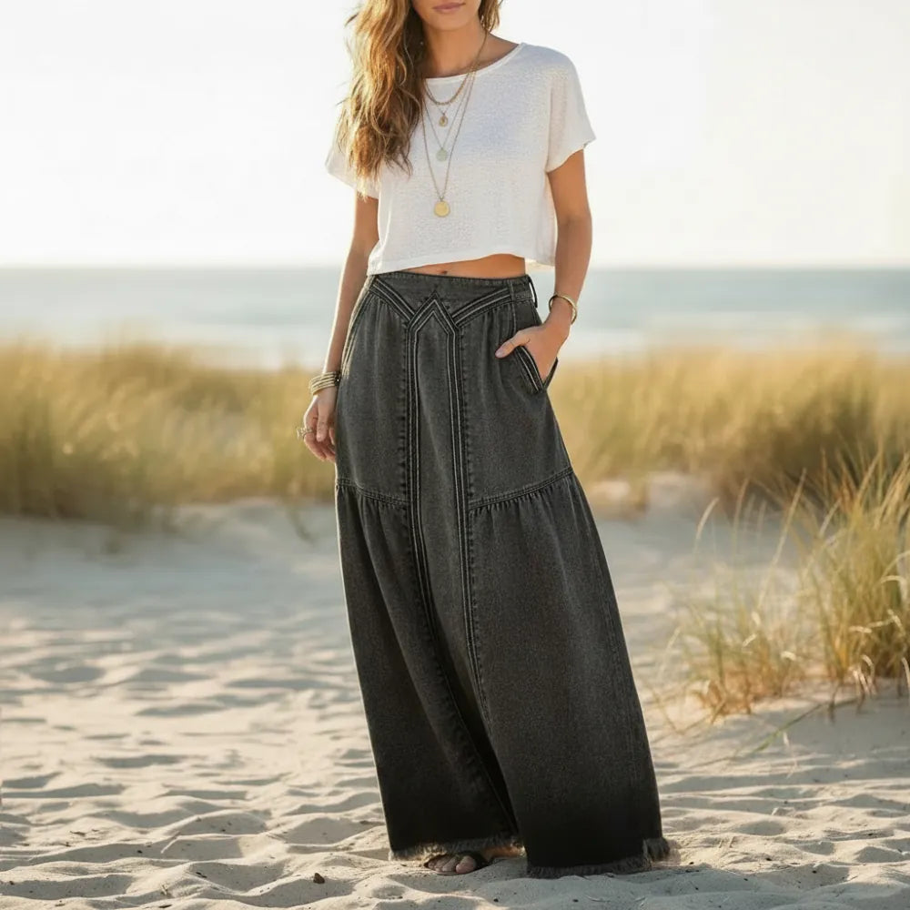 Bohemian A Line Denim Maxi Skirt