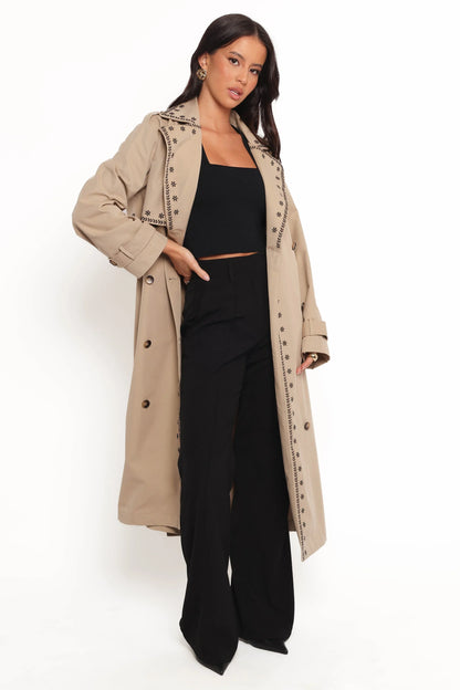 Grayson Embroidered Trim Trench Coat Taupe