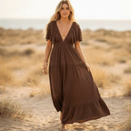 Backless V Neck Short Sleeve Maxi Dress