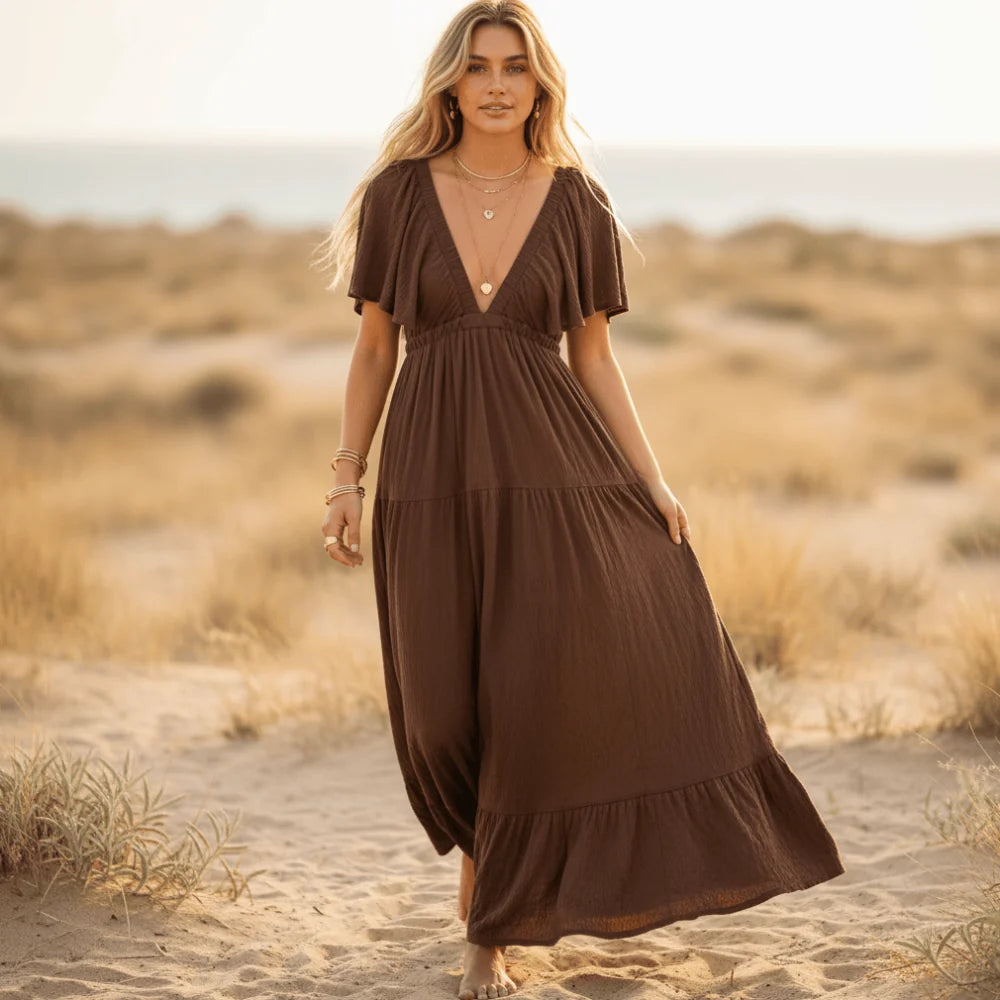 Backless V Neck Short Sleeve Maxi Dress