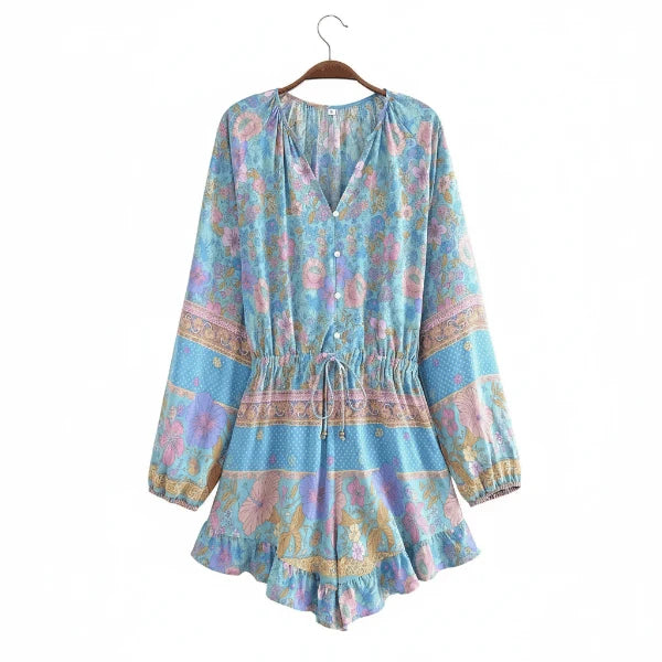 Boho Blue Wildflower Floral Romper with Long Sleeves