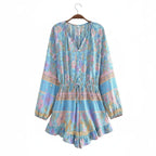 Boho Blue Wildflower Floral Romper with Long Sleeves