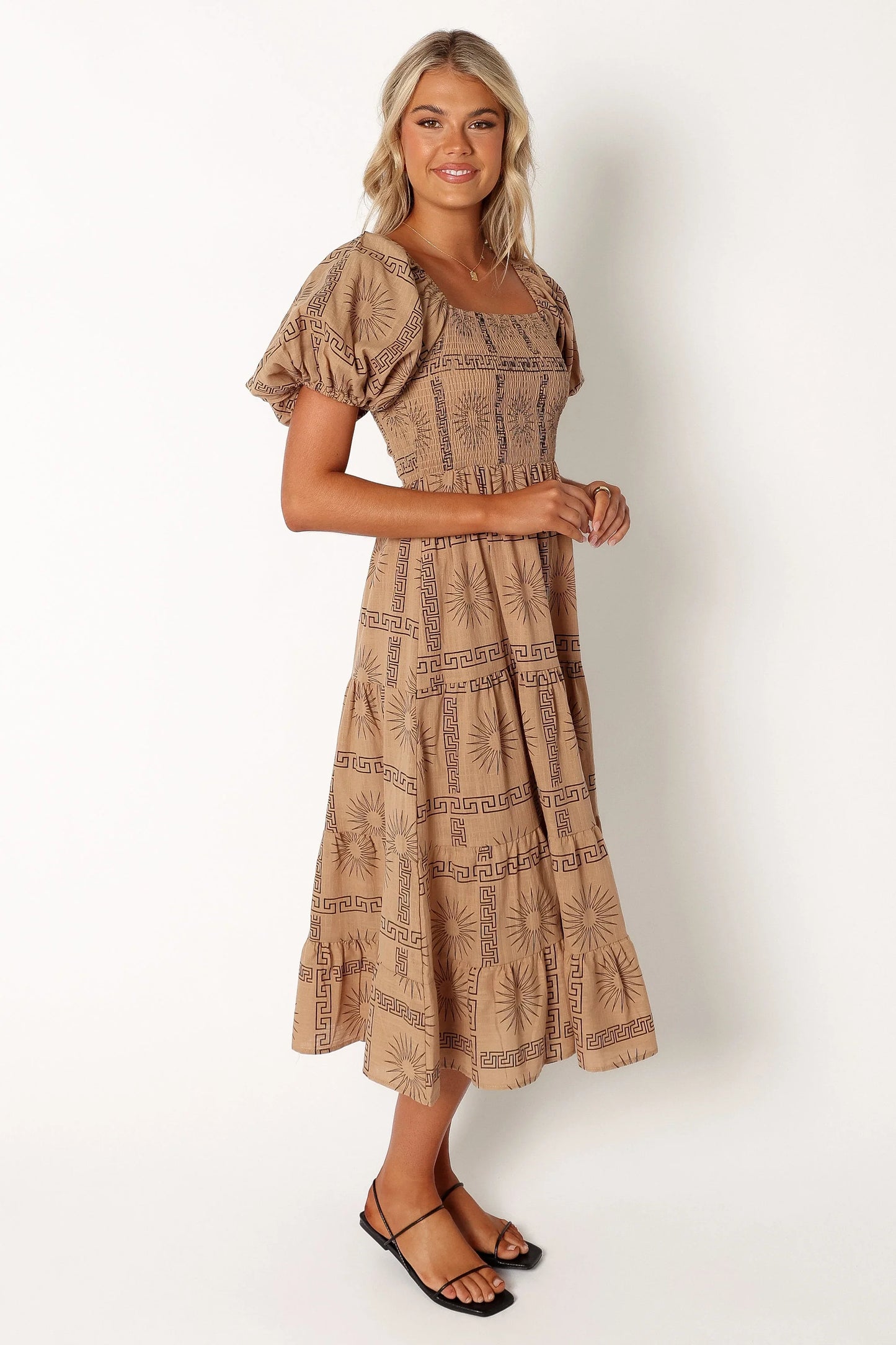 Soliel Puff Sleeve Midi Dress Tan Black