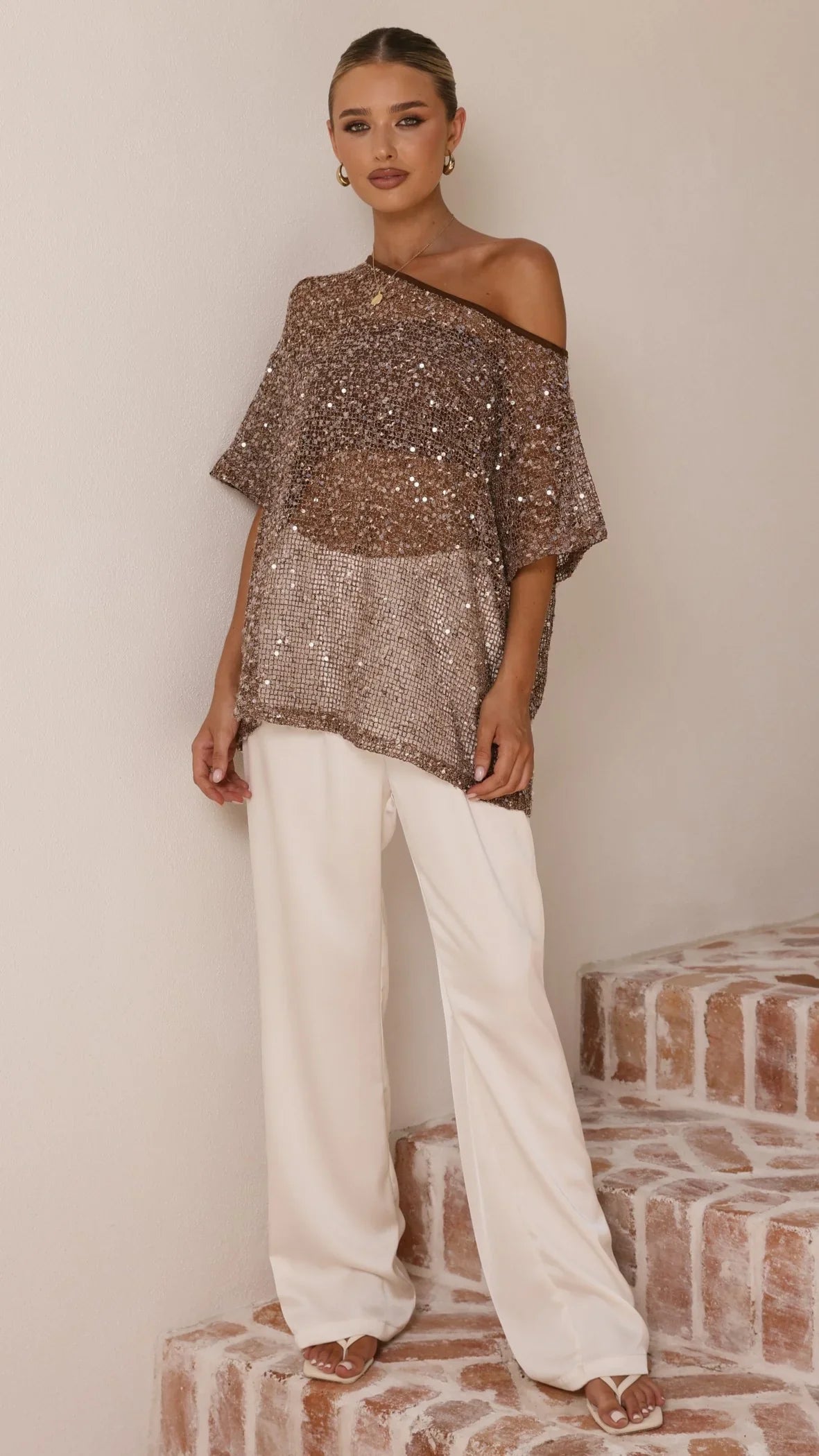 Zinnie Sequins Off Shoulder Top Mocha