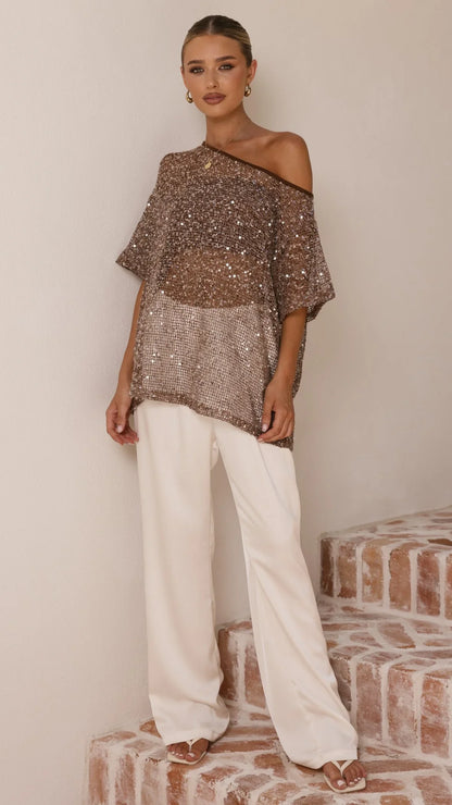 Zinnie Sequins Off Shoulder Top Mocha