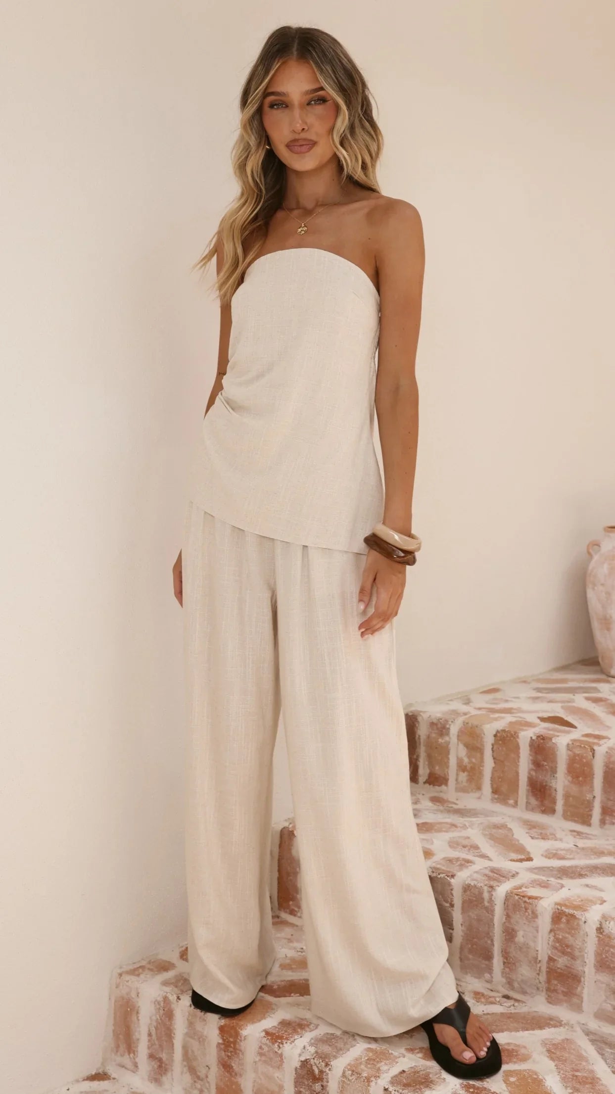 Yuki Strapless Top and Pants Set Oatmeal