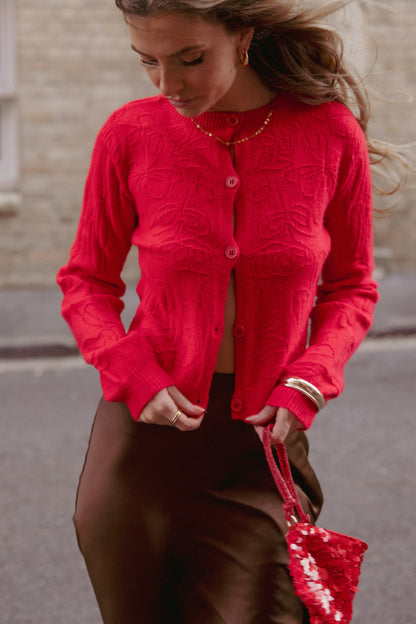 Fauna Tonal Floral Cardigan Red
