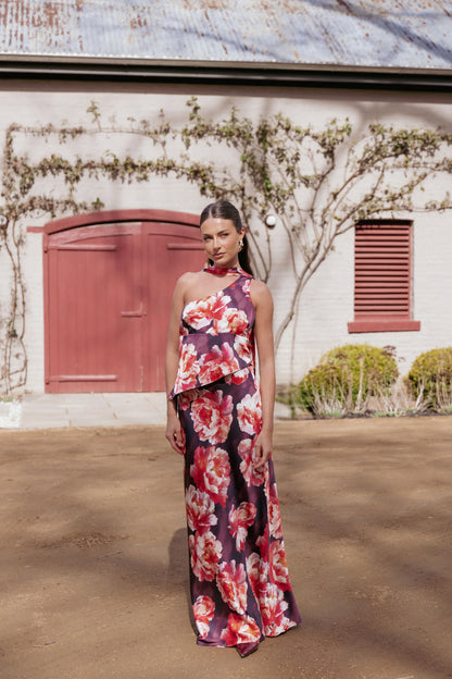 Georgina One Shoulder Skirt Set Burgundy Peony