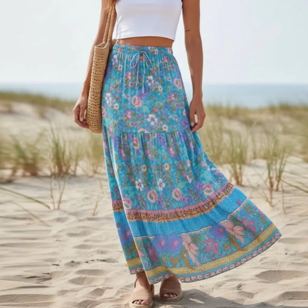 Boho Floral Ruffle Maxi Skirt