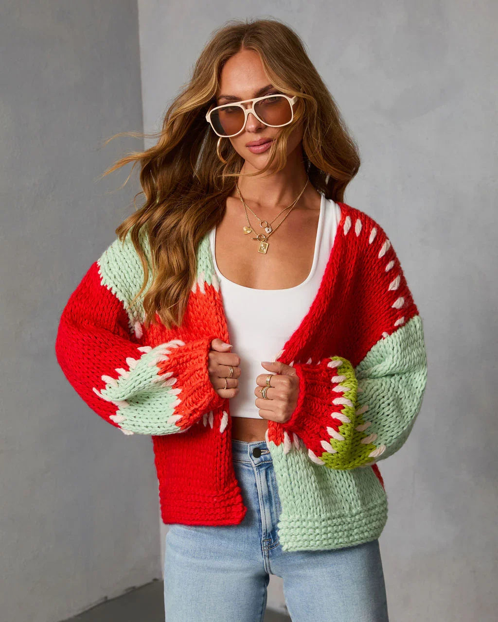 Soft Reset Stitched Color Block Chunky Knit Cardigan