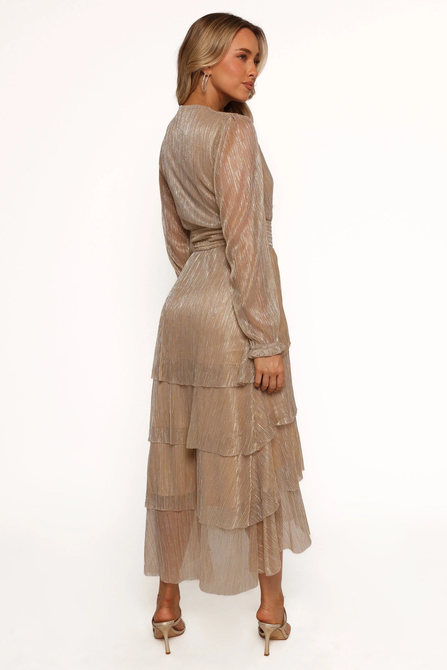 Cybil Pleated Tiered Midi Dress Champagne Gold