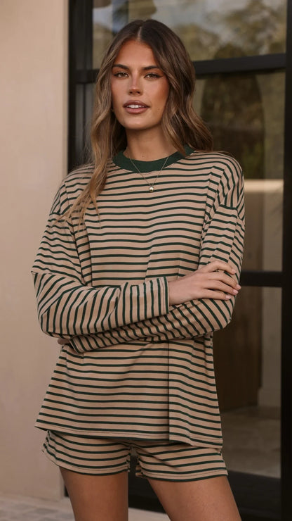Flossie Long Sleeve Top and Shorts Set Beige Green Stripe