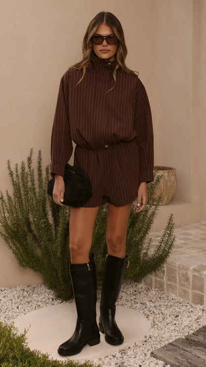 Ivana Funnel Neck Jacket Shorts Set Brown Pinstripe