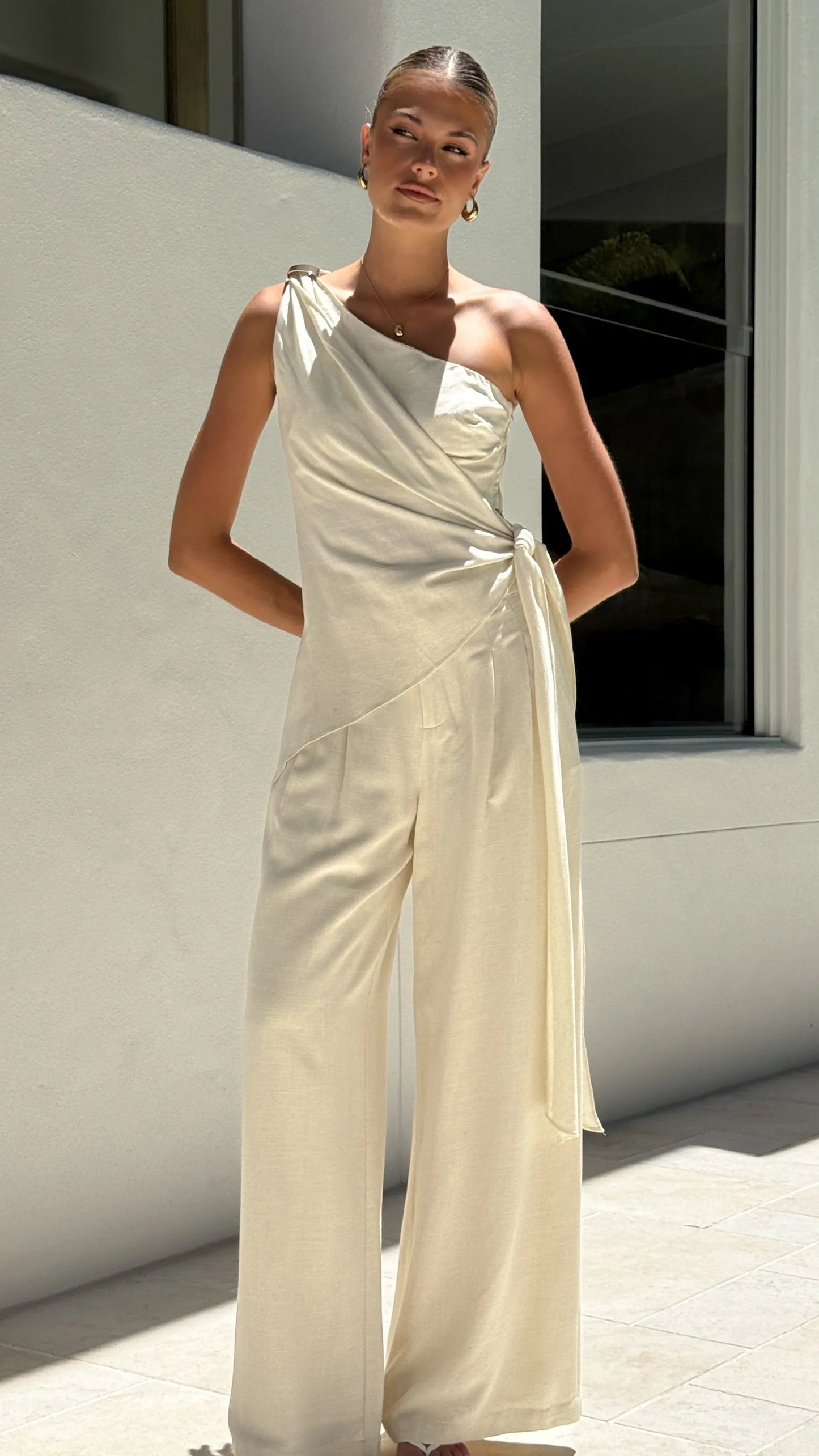 Leela One Shoulder Top and Pants Set Beige
