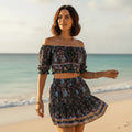 Boho Navy Floral Crop Top Mini Skirt Set
