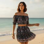 Boho Navy Floral Crop Top Mini Skirt Set