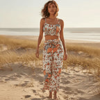 Off White Floral Crop Top Wide Leg Pants Set
