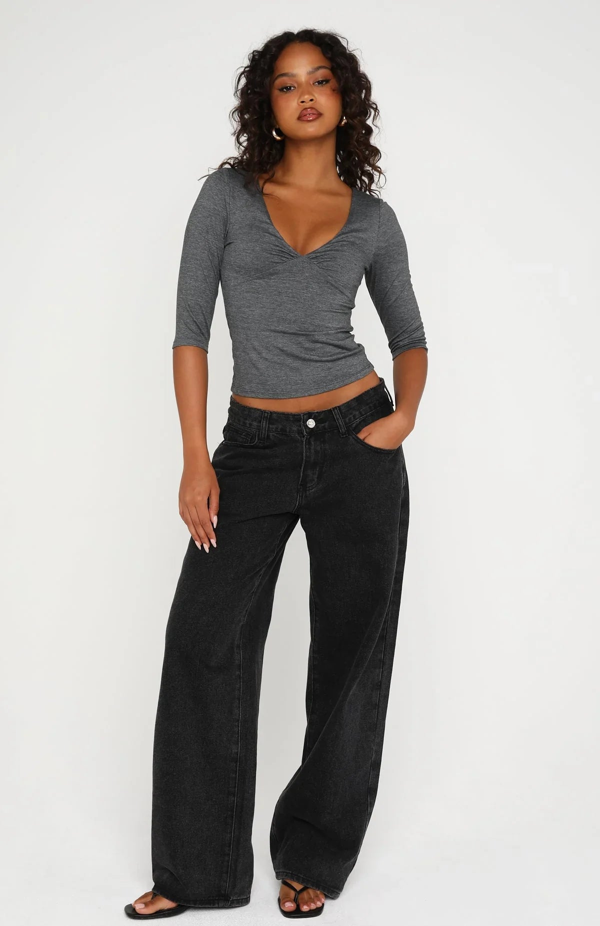 Little Bit Of Everything 3 4 Sleeve V Neck Top Charcoal Marle