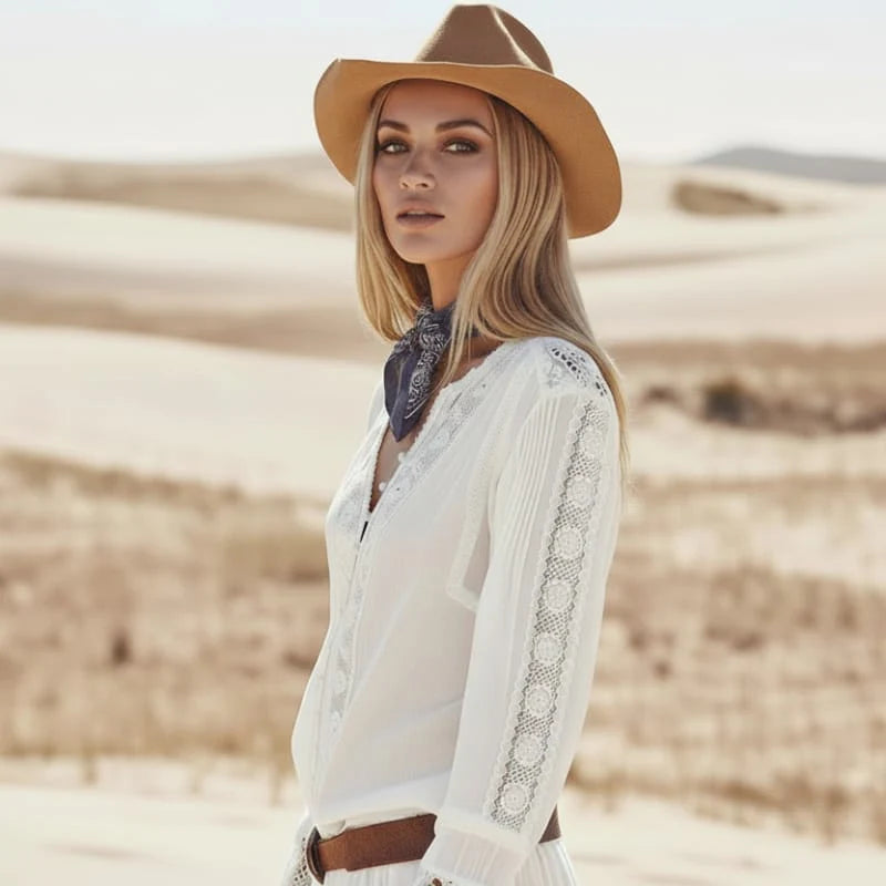 Boho White Lace Floral Embroidered Blouse