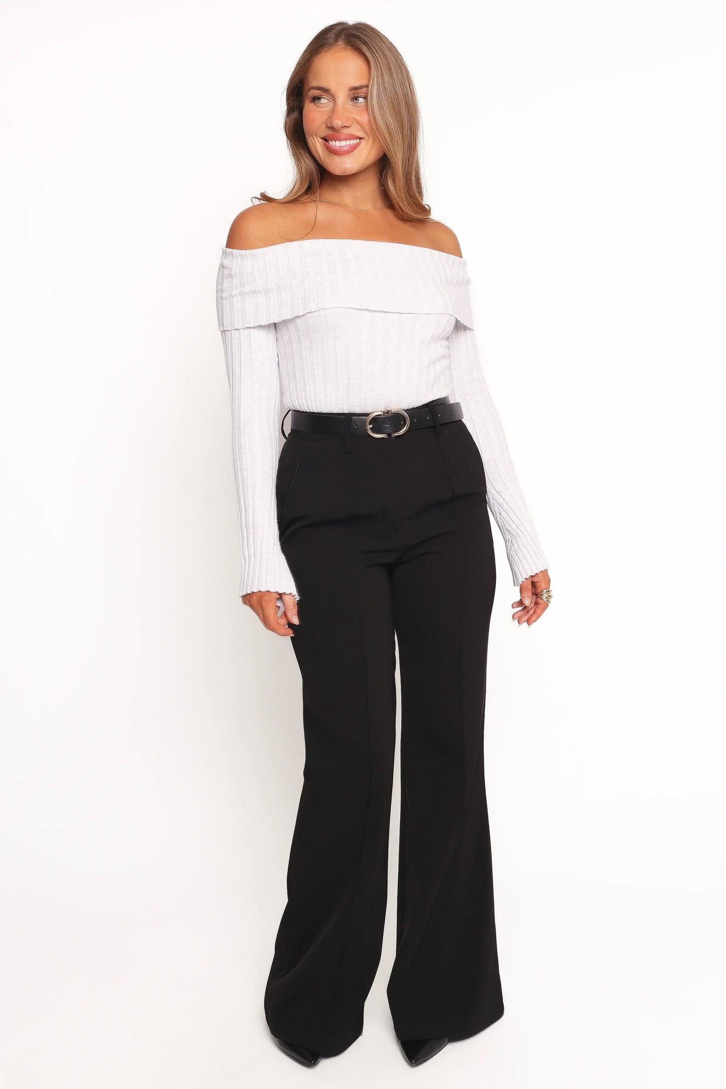 Anderson Wide Rib Off Shoulder Top Pastel Grey