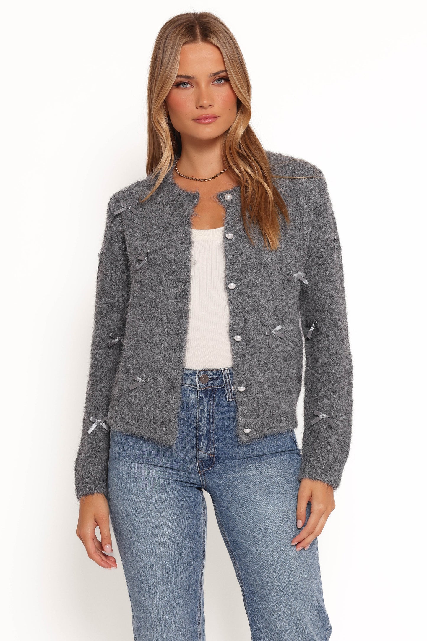 Mellie All Over Bow Button Front Cardigan Grey