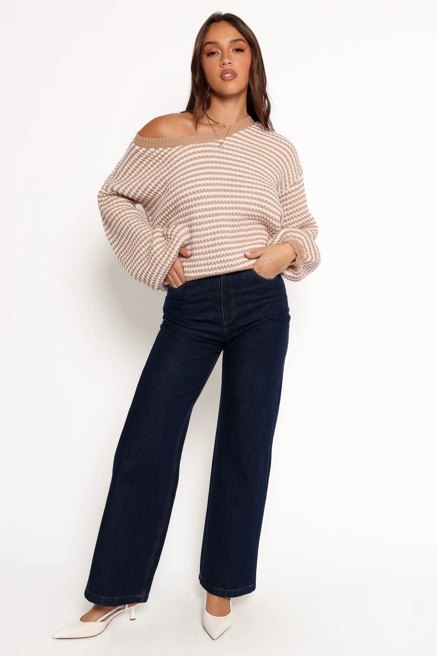 Becca Crewneck Waffle Stitch Stripe Knit Sweater Tan