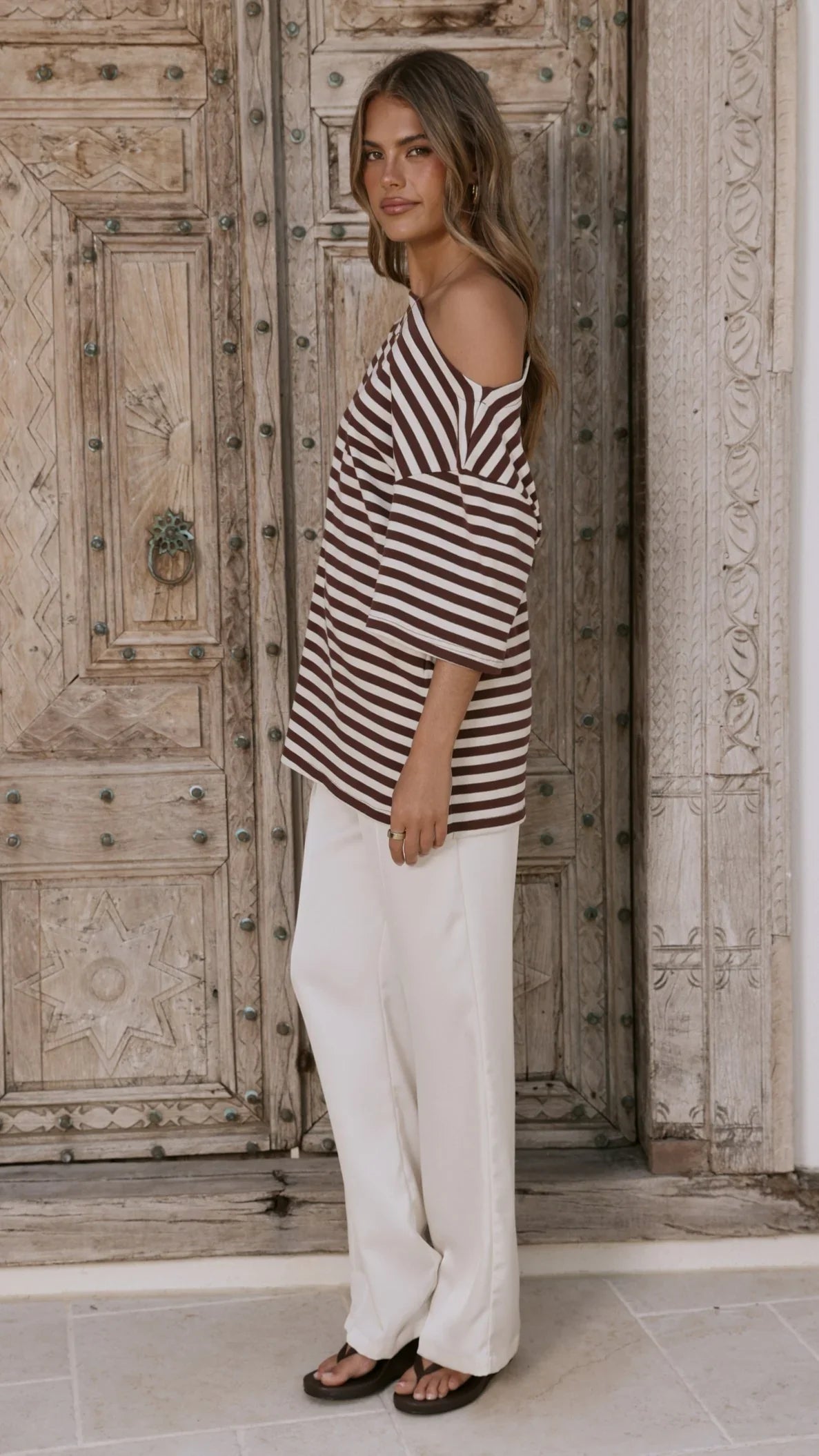 Pia One Shoulder Oversize Tee Choc White Stripe
