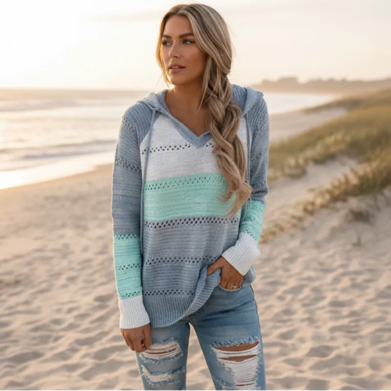 Boho Striped Hooded Knit Pullover Sweater