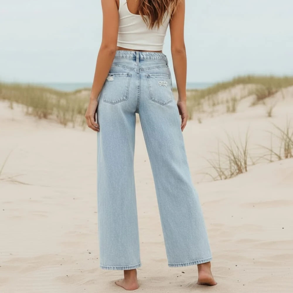 Boho High Waisted Ripped Wide Leg Jeans