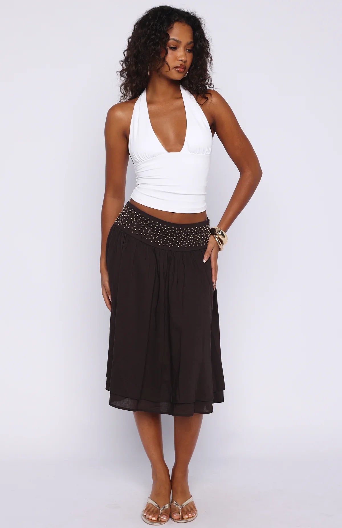 Heavenly Verse Studded Midi Skirt Espresso