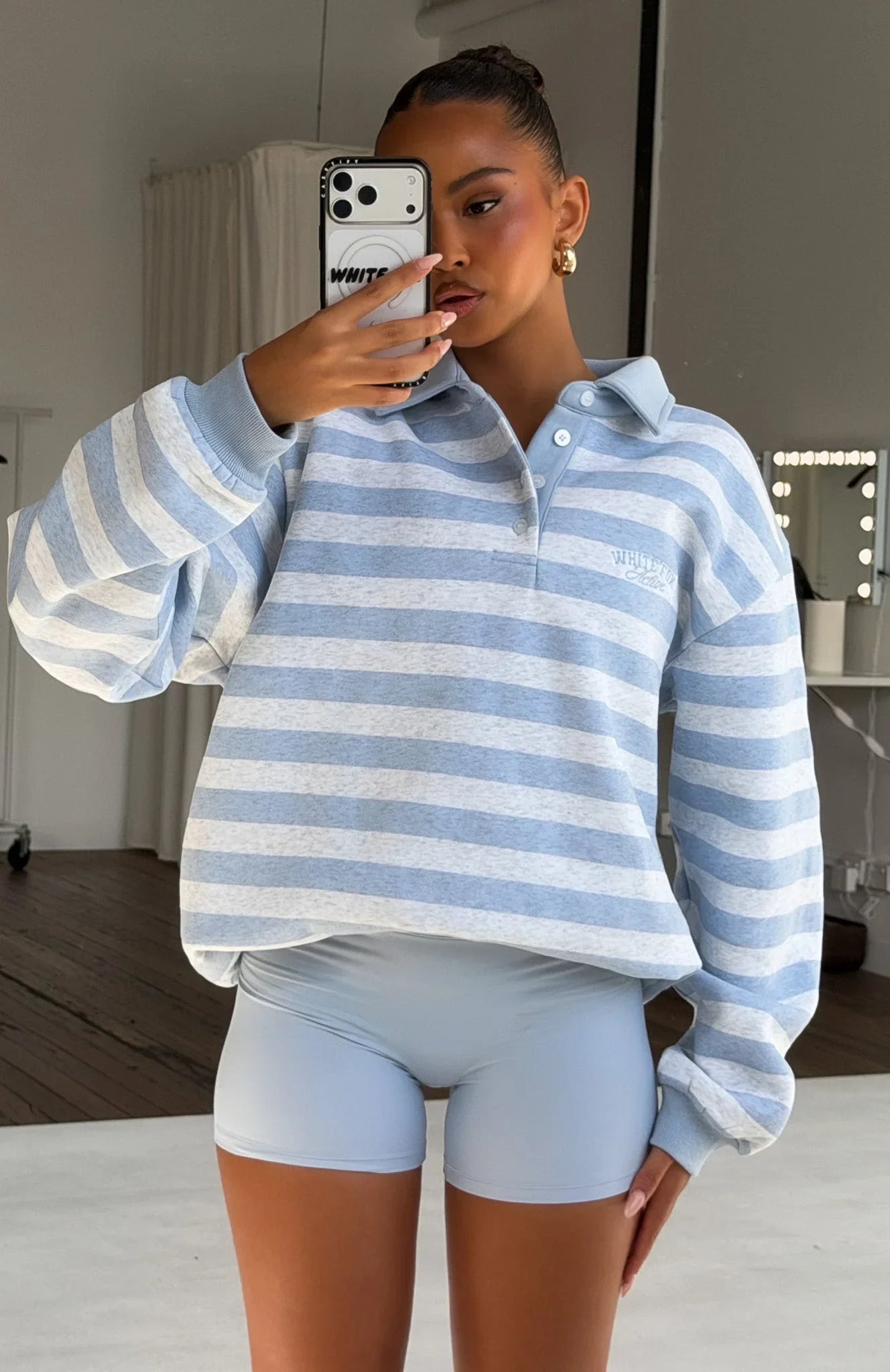 Best Influence Oversized Henley Sweater Grey Marle Blue Stripe