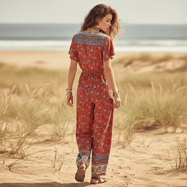 Crimson Bloom Boho Floral Wide Leg Jumpsuit with Pockets