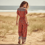Crimson Bloom Boho Floral Wide Leg Jumpsuit with Pockets