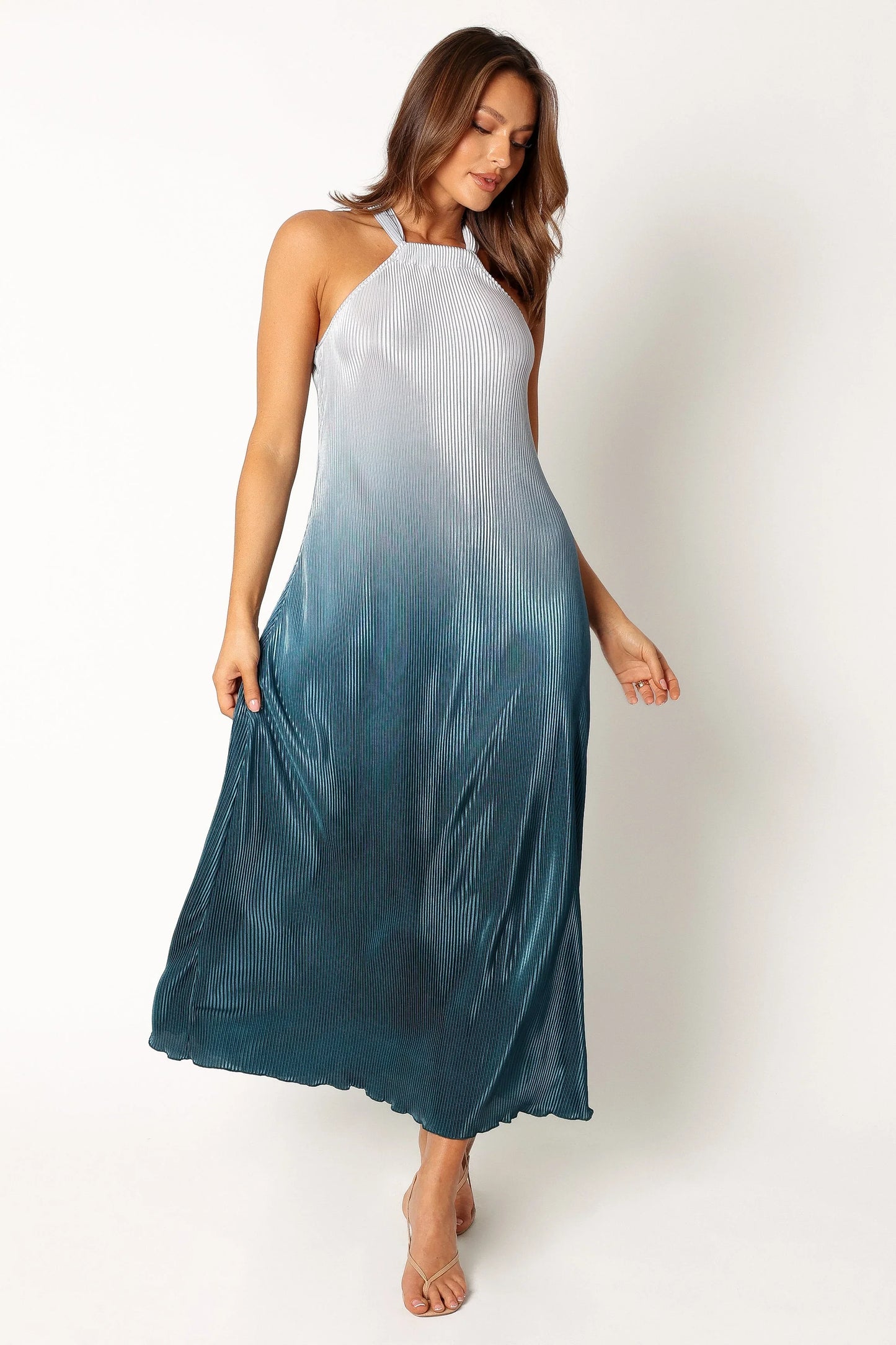 Melody Plisse Halter Maxi Dress Navy Gradient