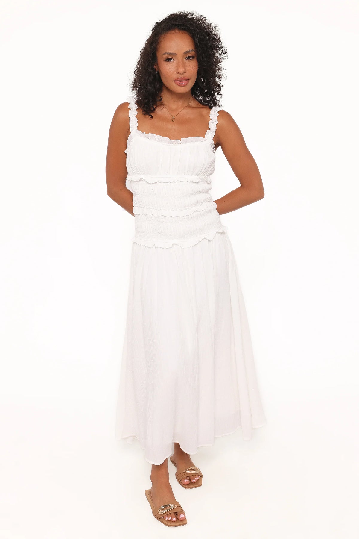 Enola Gather Midi Dress White