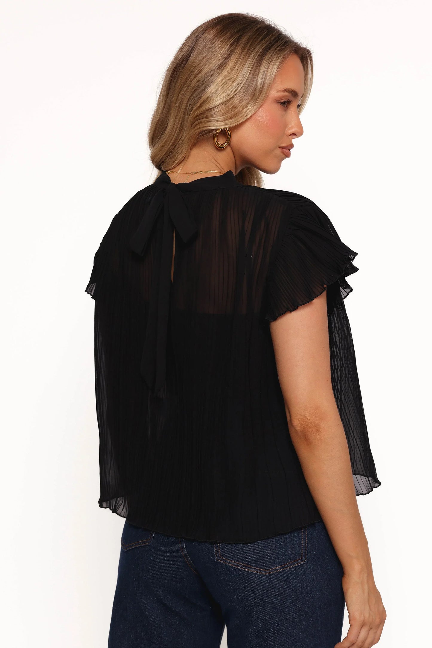 Topia Pleated Flutter Sleeve Top Black